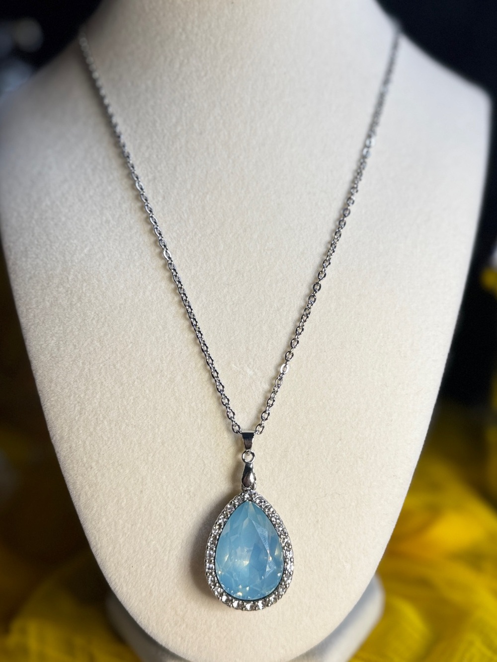 Teardrop Blue Crystal Pendant Necklace - Silver Tone on Stainless Chain